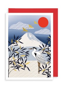 Поздравителна картичка - Планината Фуджи и щъркел